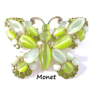 Monet Green Glass Moonstone Butterfly Brooch Gold Tone 1960s Vintage